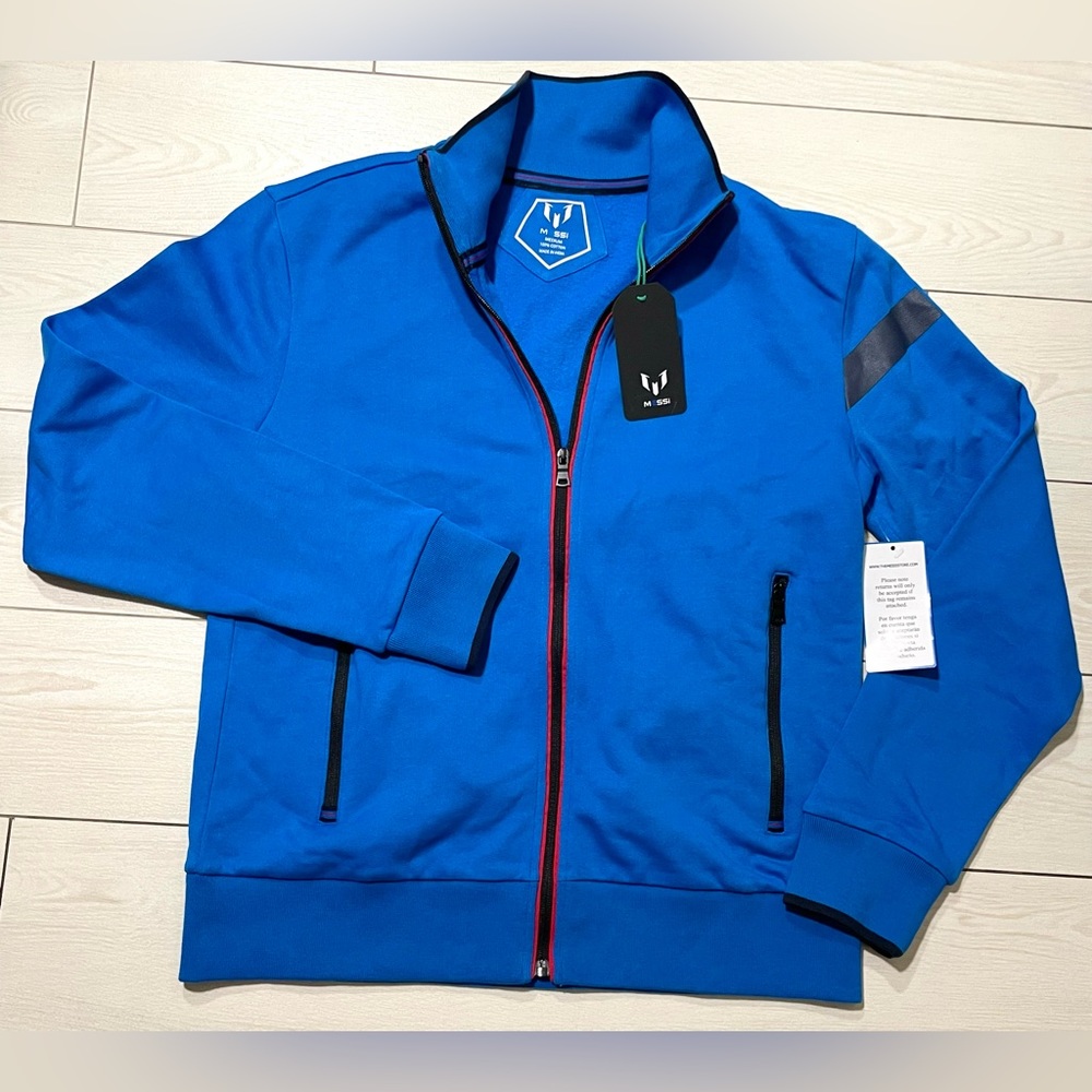 Messi Brand royal blue zip‎ up with red trim. NWT size Medium 100% cotton unisex